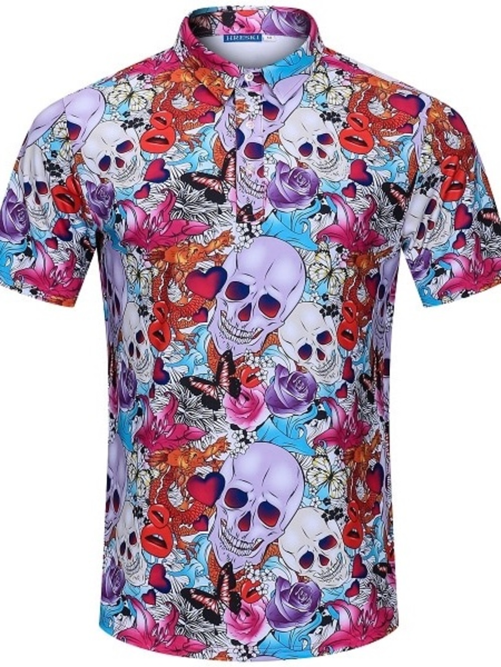 HRESKI Skulls & Roses Print Short Sleeve Golf Polo Shirt